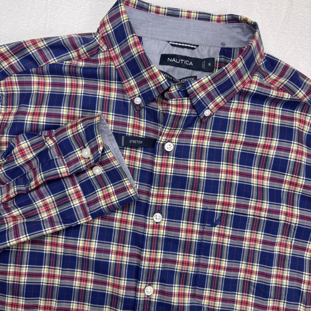 Nautica Classic Fit Stretch Plaid Button Down Shirt Men's XL Blue Red Yellow NWT
